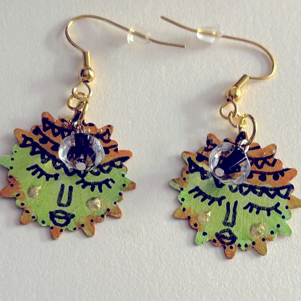 NWOT Earrings “Here Comes the Sun” Lime green copper real gold faces handpainted